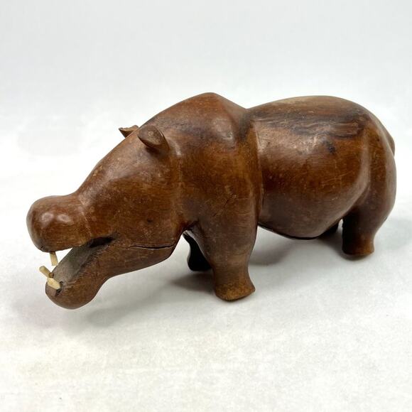 Vintage Hand Carved African Wood Hippopotamus With Teeth - Picture 2 of 10